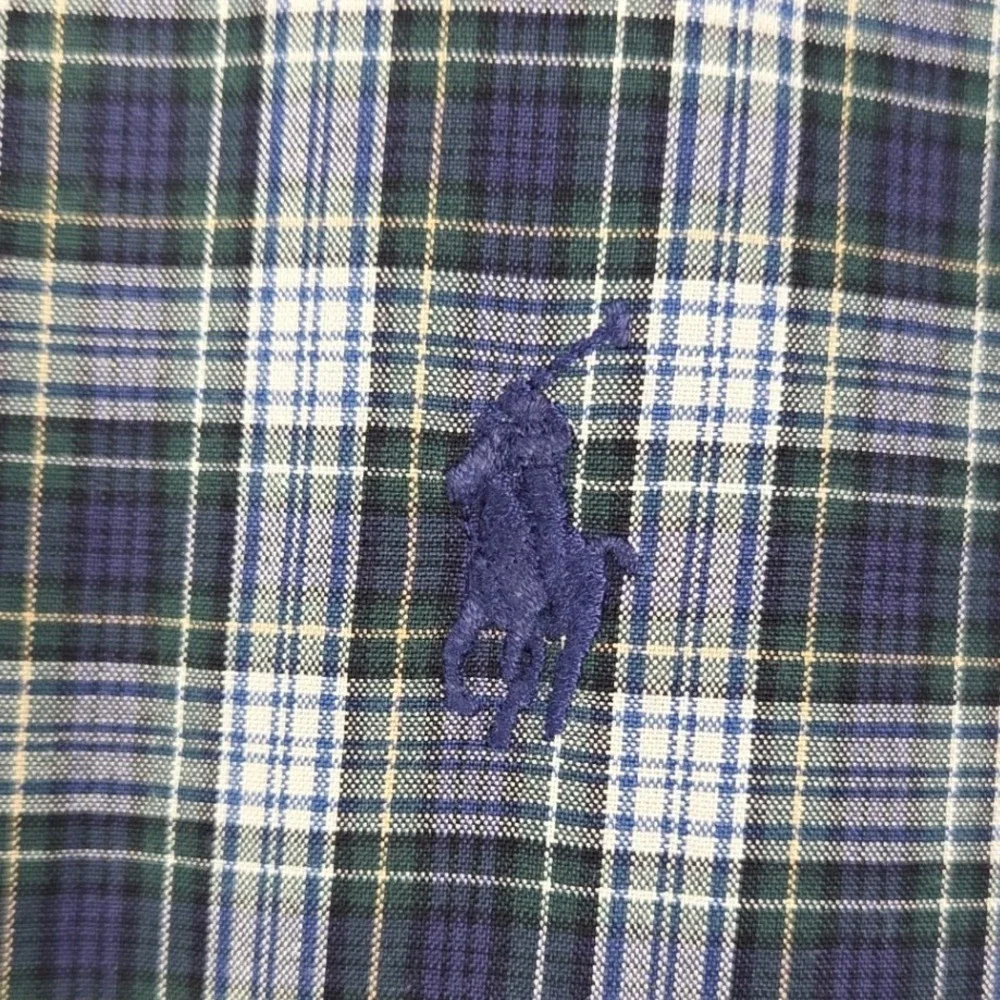 Ralph Lauren Button Down Shirt Mens 17.5 32/33 Blue Tartan Plaid Classic Fit